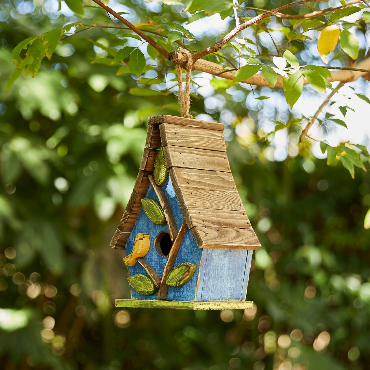 Set of 2 9.5''H Distressed Solid Wood Decorative Outdoor Garden Birdhouse with Natural Wood Slatted Roof and 3D Tree